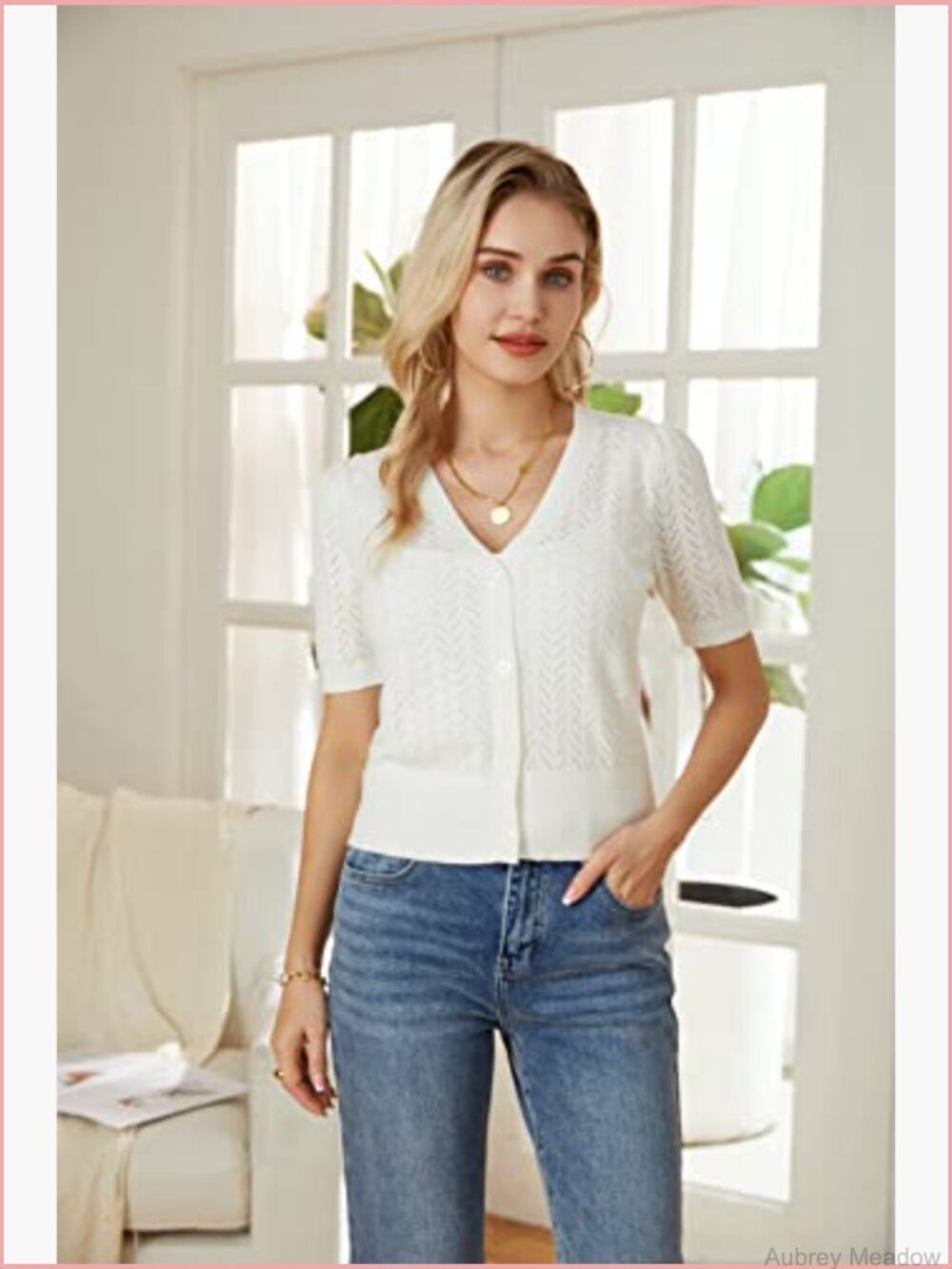 Cropped Cardigan Sweater Short Sleeve Crochet Knit Bolero Shrug V-Neck Button - Picture 2 of 6